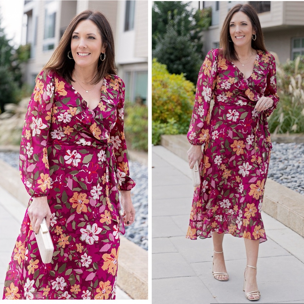 Maggy London Desert Bloom Floral Long Sleeve A-line Dress In Wine Ruffle Trim 2‎